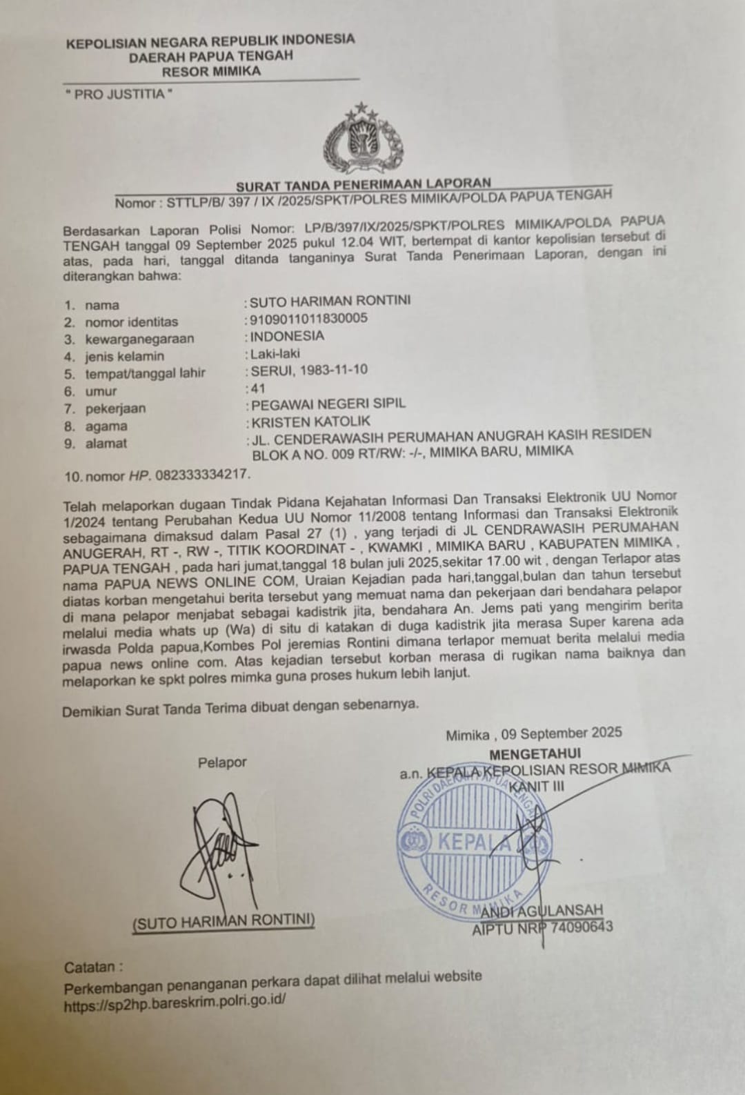 Proses Hukum Laporan UU ITE Mantan Kadistrik Jita terhadap Oknum Media Masih Berlanjut