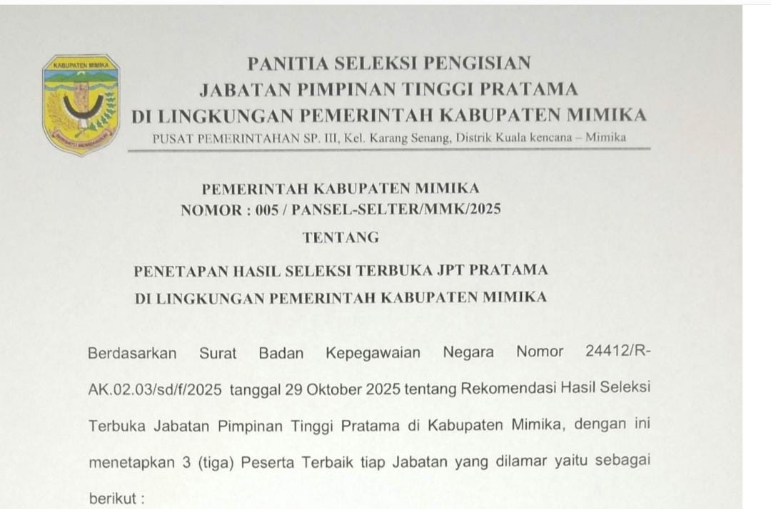 Pansel Umumkan Tiga Besar Nama-nama Pejabat Hasil Seleksi Terbuka JPT Pratama Tahun 2025
