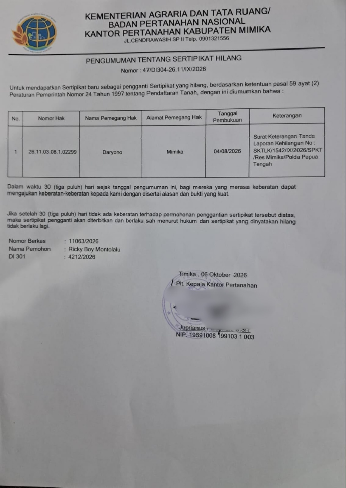 Pengumuman Kehilangan Sertifikat Tanah di Mimika Masuki Masa Sanggah